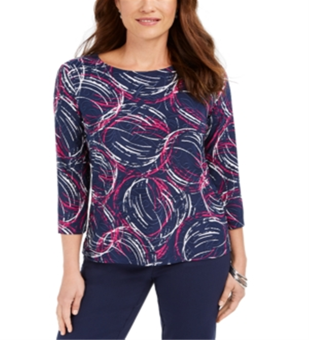 JM Collection Women's Printed Jacquard Top Blue Size Medium