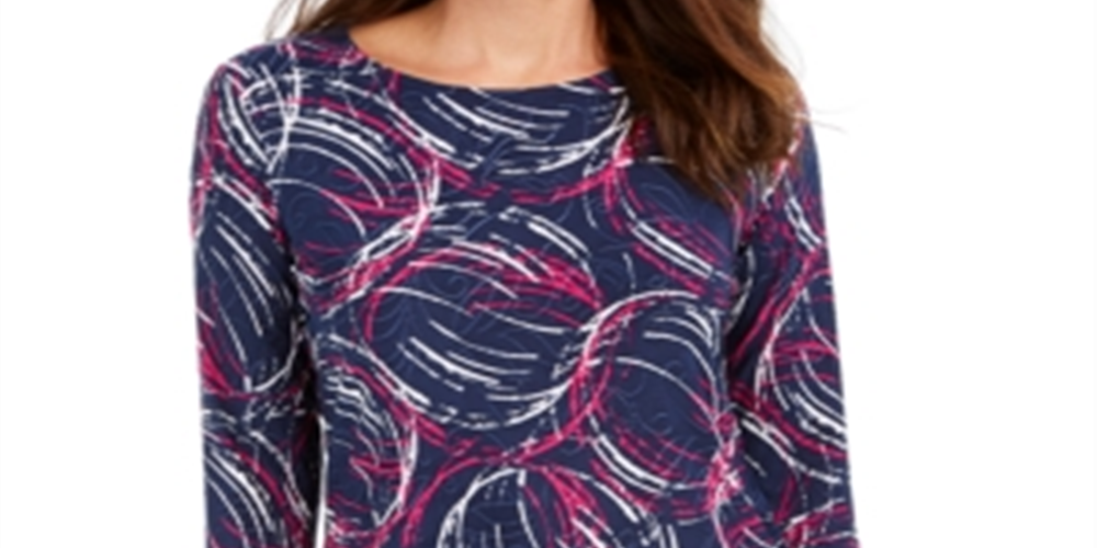 JM Collection Women's Printed Jacquard Top Blue Size Medium