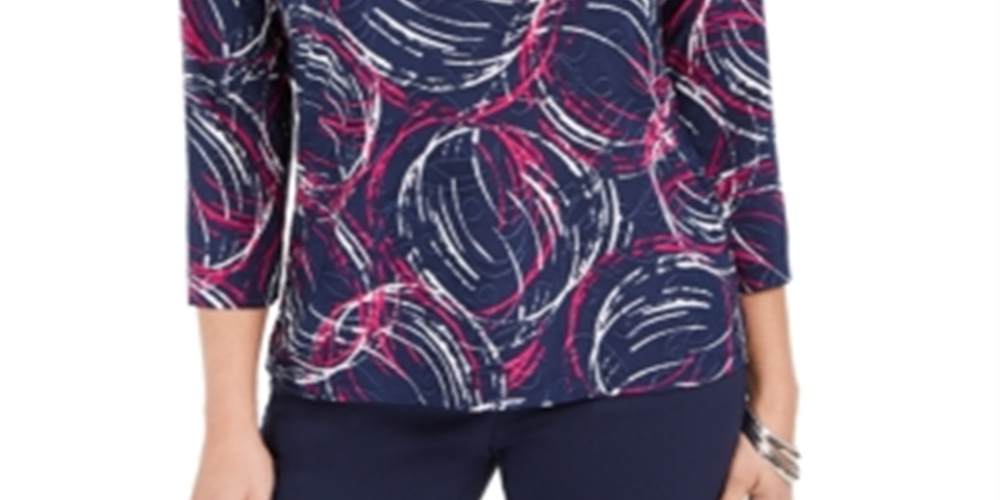 JM Collection Women's Printed Jacquard Top Blue Size Medium
