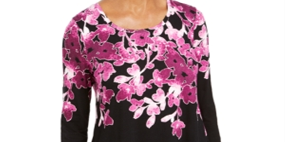 JM Collection Women's Printed Scoop Neck Top Purple Size Small