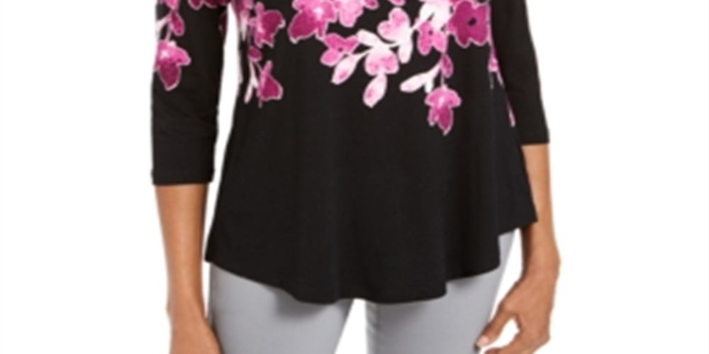 JM Collection Women's Printed Scoop Neck Top Purple Size Small