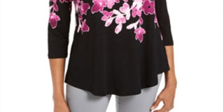 JM Collection Women's Printed Scoop Neck Top Purple Size Small