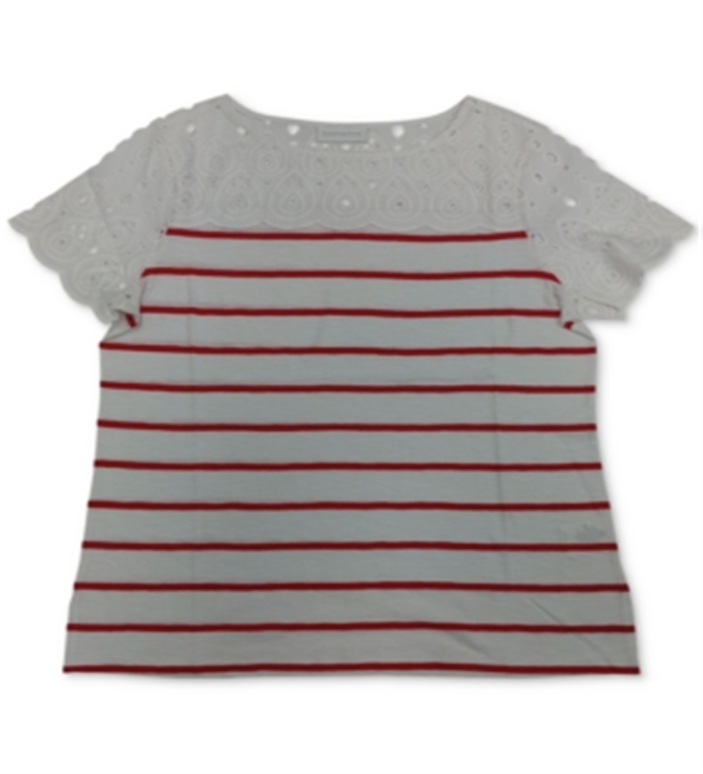 Charter Club Women's Plus Striped Eyelet Yoke Knit Top Red Size 1X