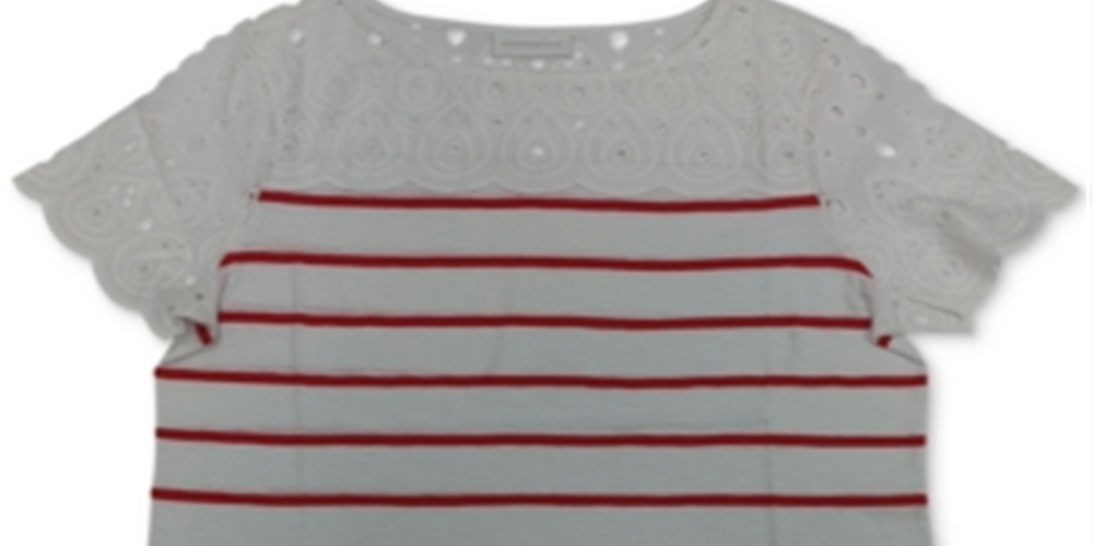 Charter Club Women's Plus Striped Eyelet Yoke Knit Top Red Size 1X