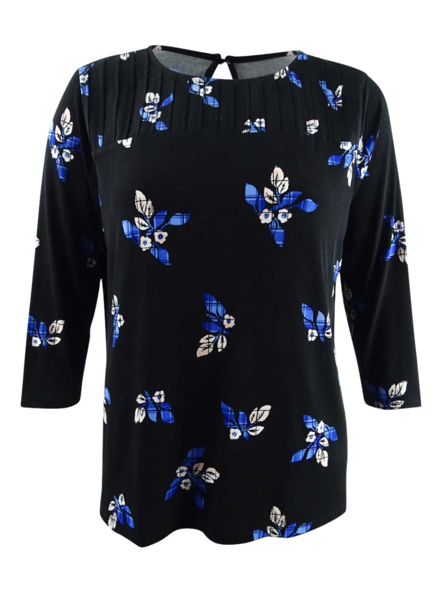 Charter Club Women's Floral Print Pleated Yoke Blouse Black-Blue  Size Petite S