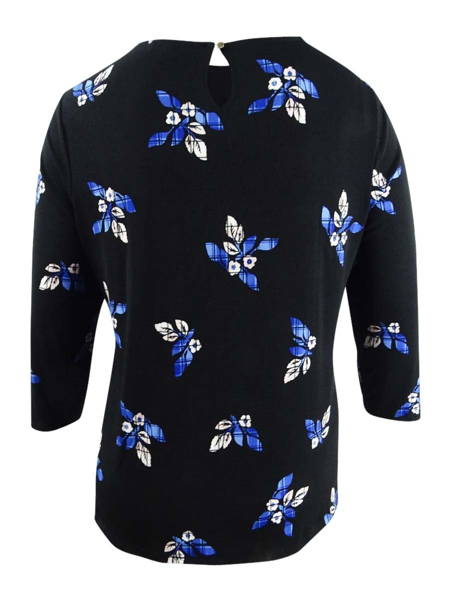 Charter Club Women's Floral Print Pleated Yoke Blouse Black-Blue  Size Petite S