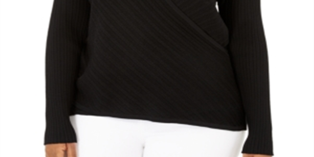 INC International Concepts Women's Plus Pointelle Surplice Black Size 0X