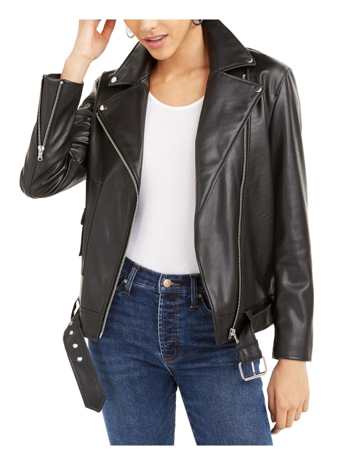 Bar III Women's Faux Leather Belted Jacket Black Size X-Large