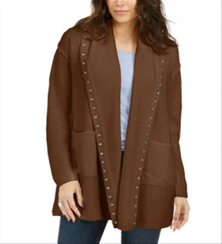 Style & Co Women's Hooded Studded Cardigan Brown Size Petite L