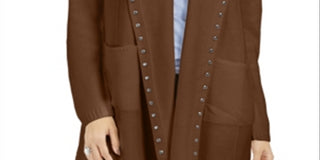 Style & Co Women's Hooded Studded Cardigan Brown Size Petite L