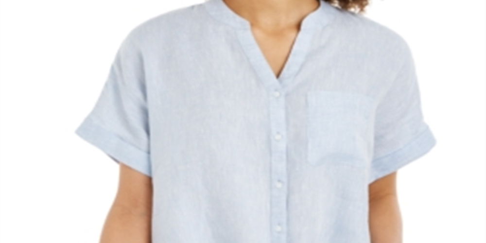Charter Club Women's Linen Tie Front Button up Shirt Blue Size XX-Large
