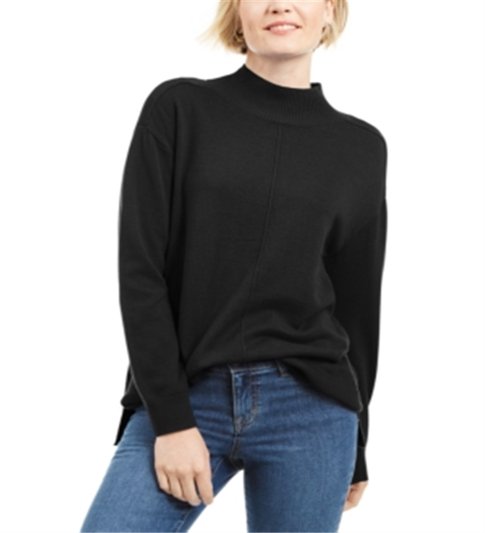 Karen Scott Women's Seam Detail Cotton Mock Neck Sweater Black Size X-Small
