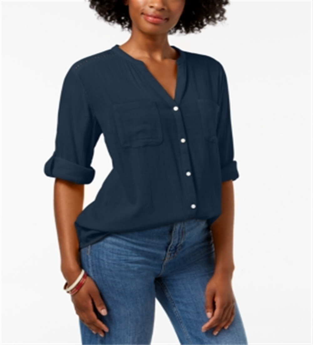 Charter Club Women's Split Neck Utility Shirt Navy  Size Petite S/M