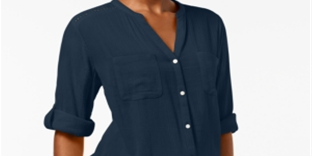Charter Club Women's Split Neck Utility Shirt Navy  Size Petite S/M