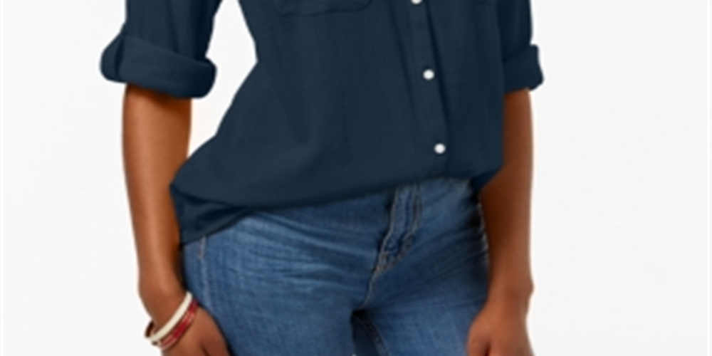 Charter Club Women's Split Neck Utility Shirt Navy  Size Petite S/M