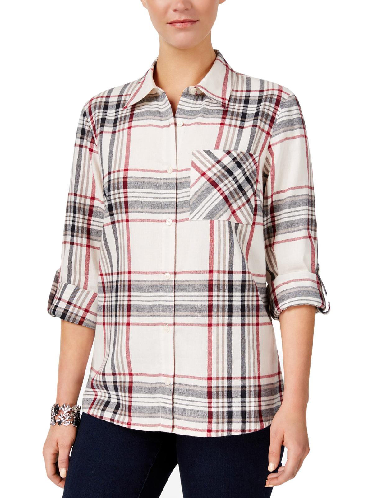 Style & Co Women's Cotton Tab Sleeve Plaid Shirt White Size Petite S