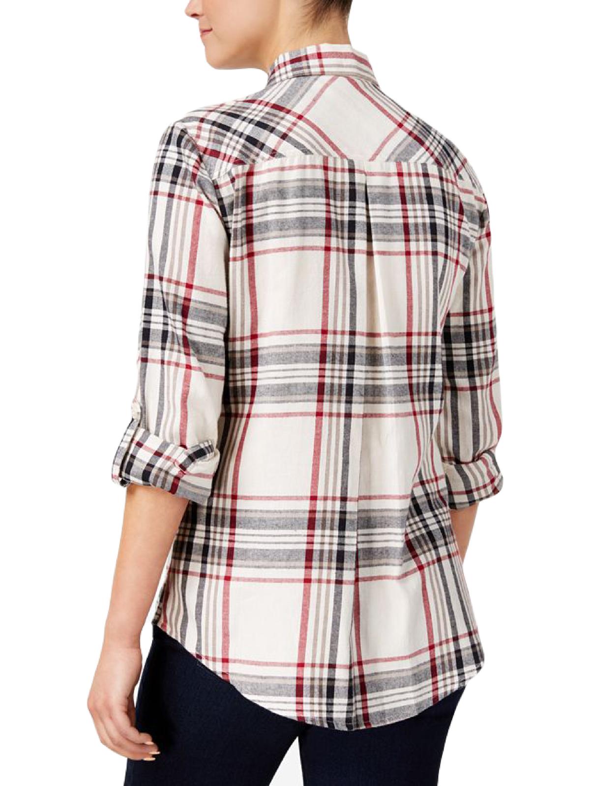 Style & Co Women's Cotton Tab Sleeve Plaid Shirt White Size Petite S