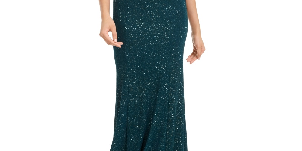 City Studios Junior's Mock Neck Strappy Glitter Gown Green Size 13