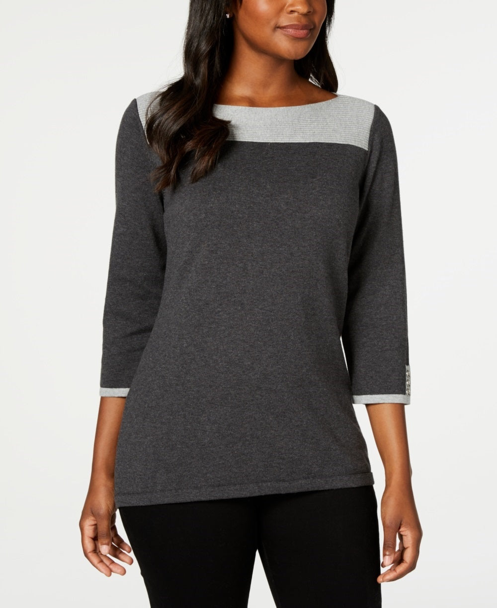 Karen Scott Women's Cotton Colorblocked Sweater Charcoal Size Large
