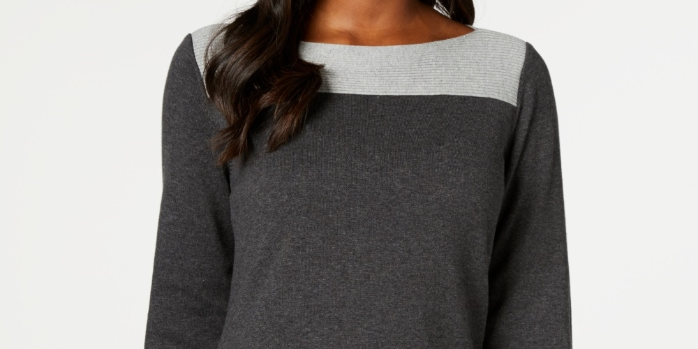 Karen Scott Women's Cotton Colorblocked Sweater Charcoal Size Large