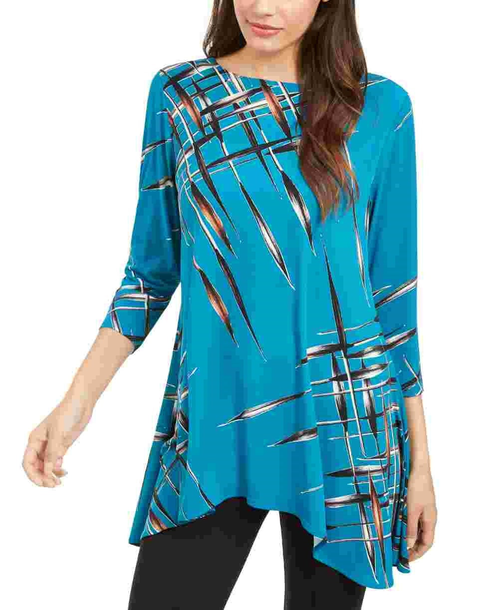 Alfani Women's Teal Patterned 3/4 Sleeve Jewel Neck Top Navy Size Petite Small