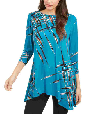 Alfani Women's Teal Patterned 3/4 Sleeve Jewel Neck Top Navy Size Petite Small