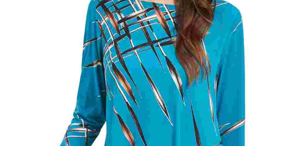 Alfani Women's Teal Patterned 3/4 Sleeve Jewel Neck Top Navy Size Petite Small