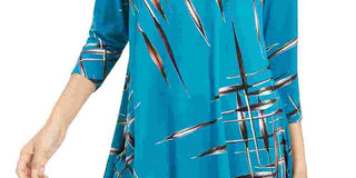 Alfani Women's Teal Patterned 3/4 Sleeve Jewel Neck Top Navy Size Petite Small