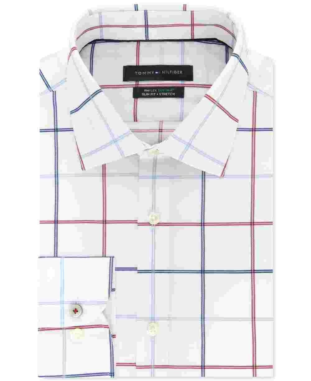 Tommy Hilfiger Men's Slim Fit Check Dress Shirt Red Size 16.5X34-35