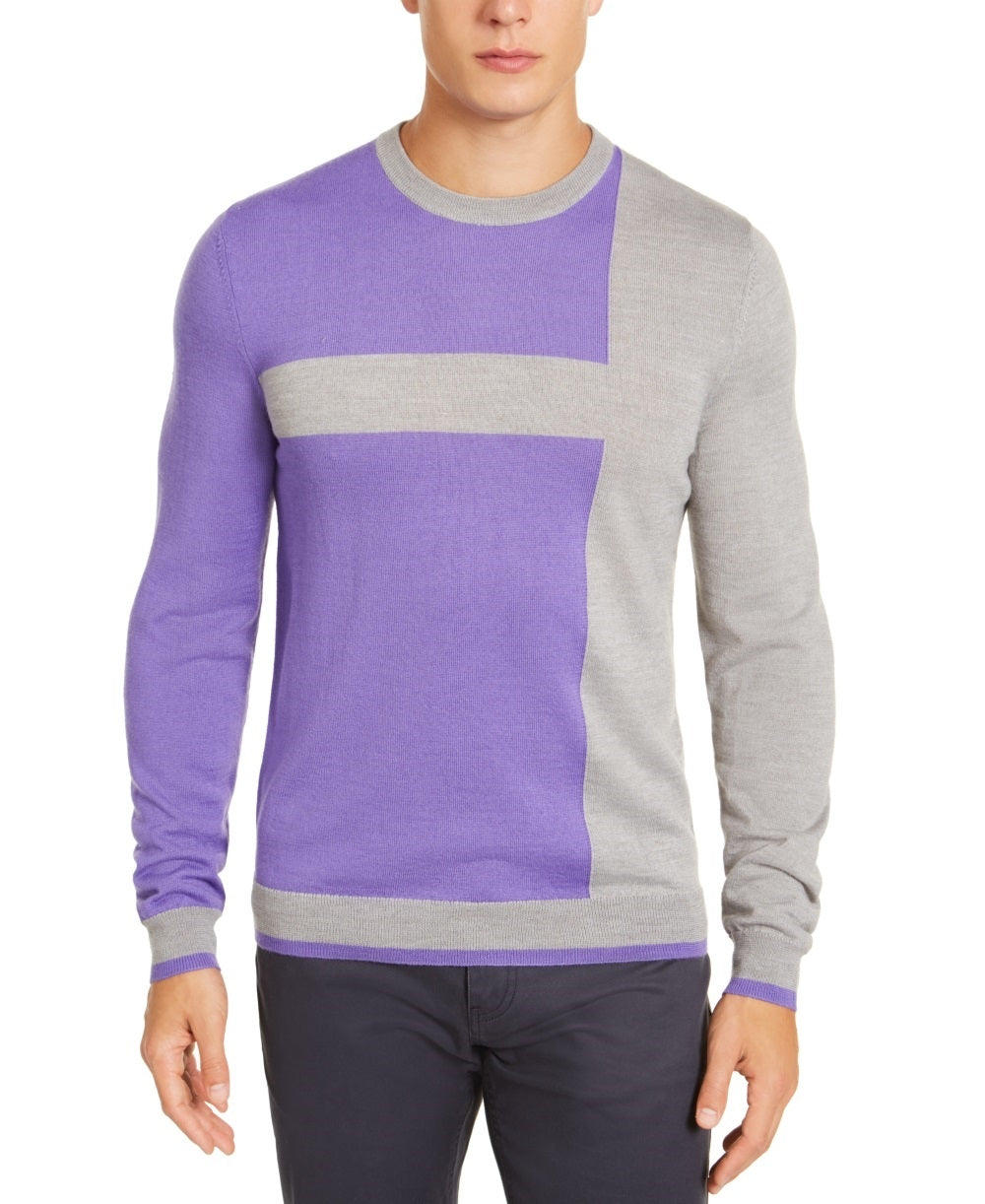 Alfani Men's Merino Blend Blocked Crewneck Sweater  Gray Size Large