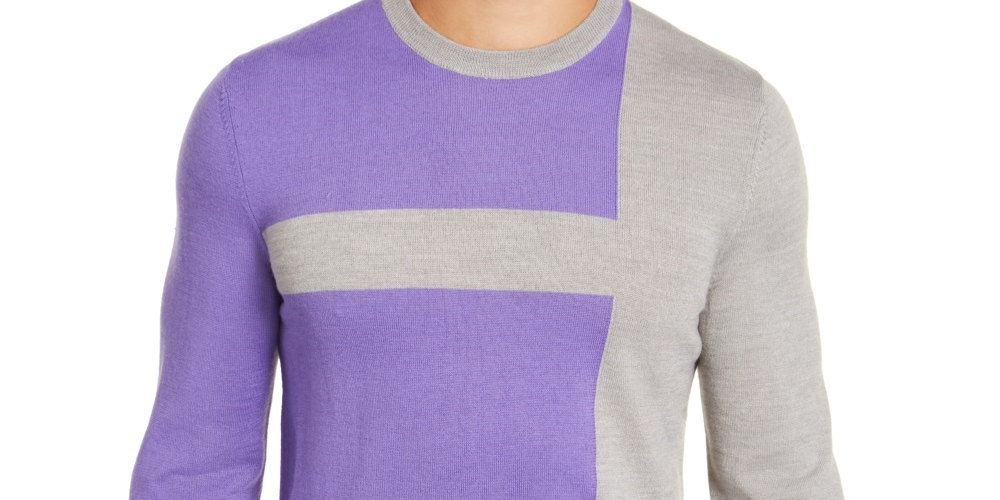 Alfani Men's Merino Blend Blocked Crewneck Sweater  Gray Size Large