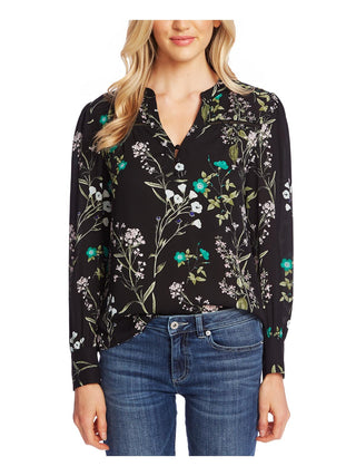 CeCe Women's Floral Print Split Neck Blouse Black Size X-Small