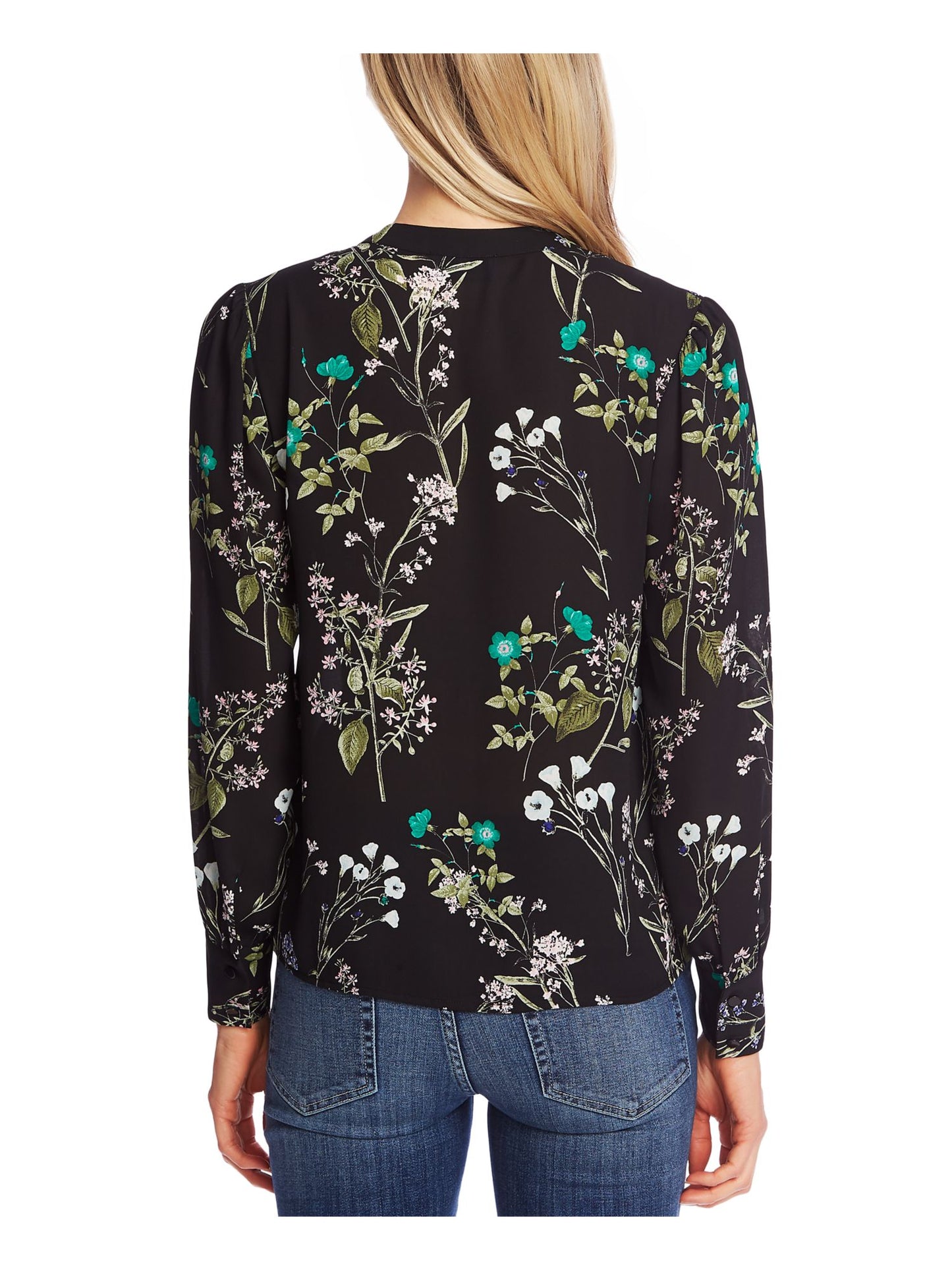 CeCe Women's Floral Print Split Neck Blouse Black Size X-Small