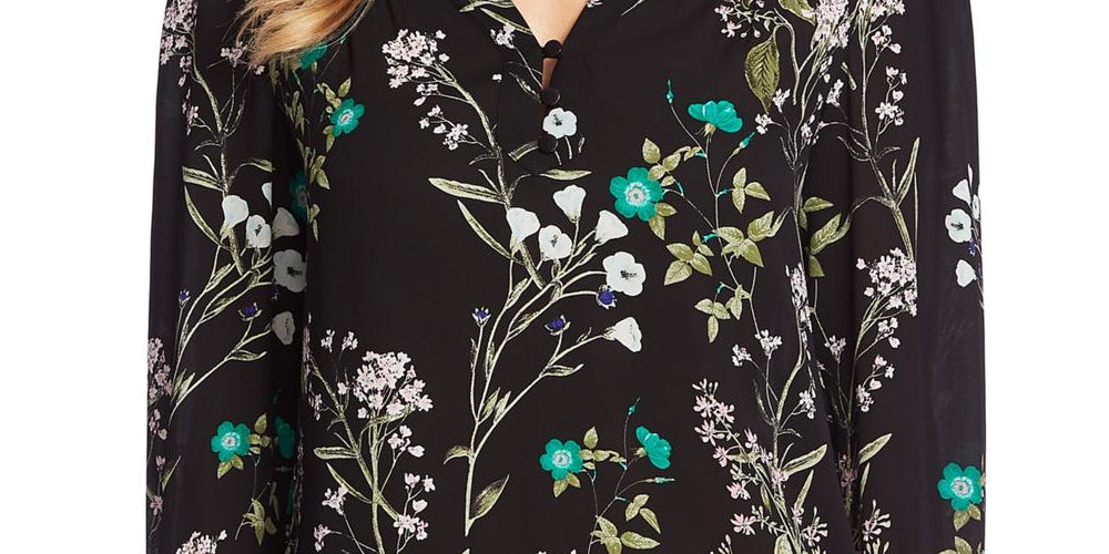 CeCe Women's Floral Print Split Neck Blouse Black Size X-Small