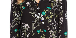 CeCe Women's Floral Print Split Neck Blouse Black Size X-Small