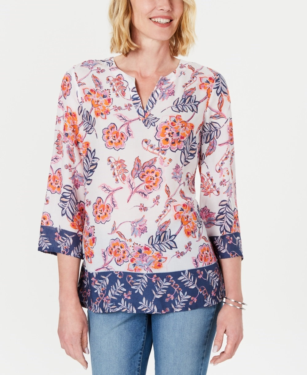 Charter Club Women's Double Floral Printed Tunic  White Size Petite Small