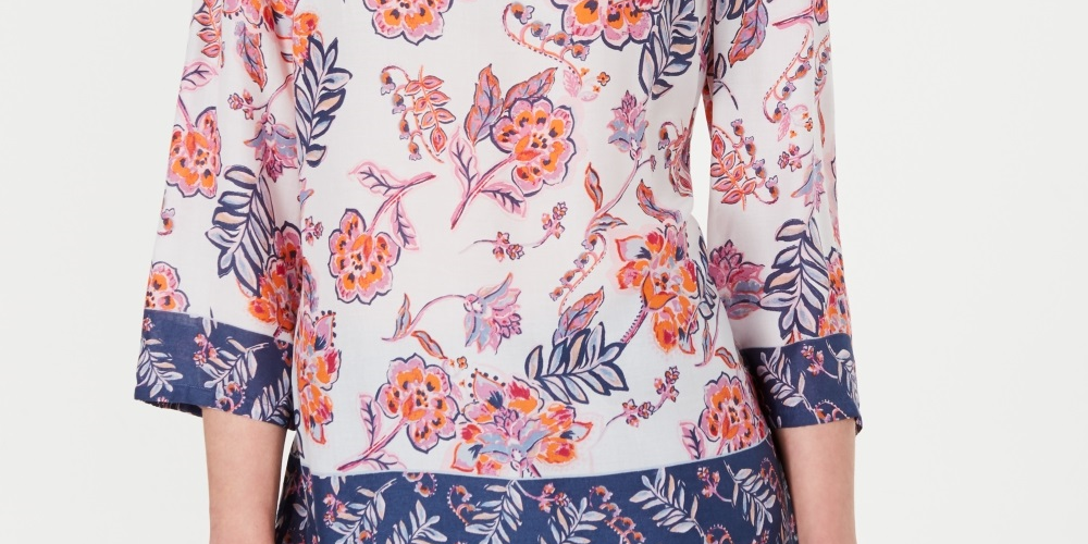 Charter Club Women's Double Floral Printed Tunic  White Size Petite Small