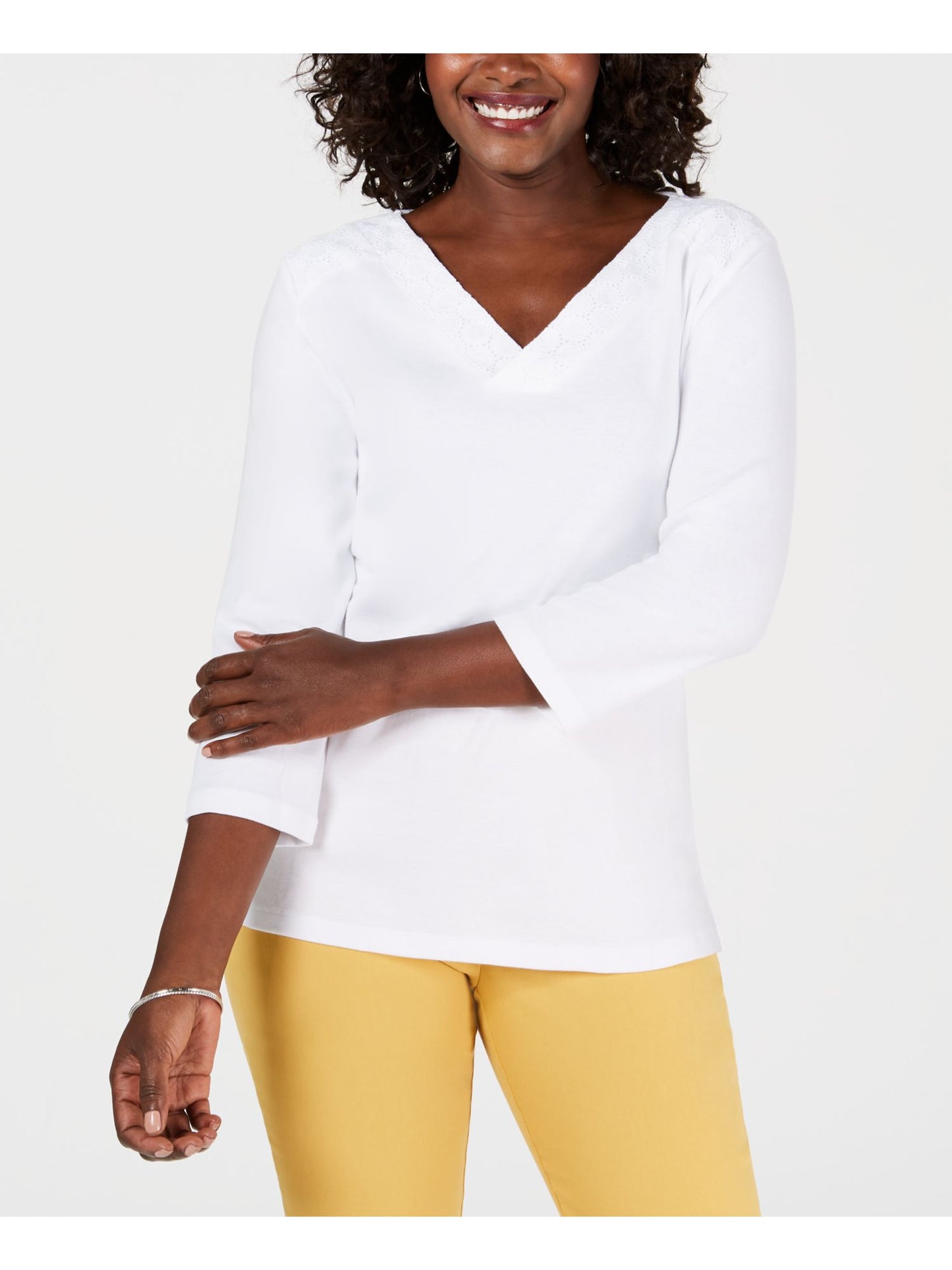 Karen Scott Women's Eyelet V Neck Cotton Top White Size Petite S/M