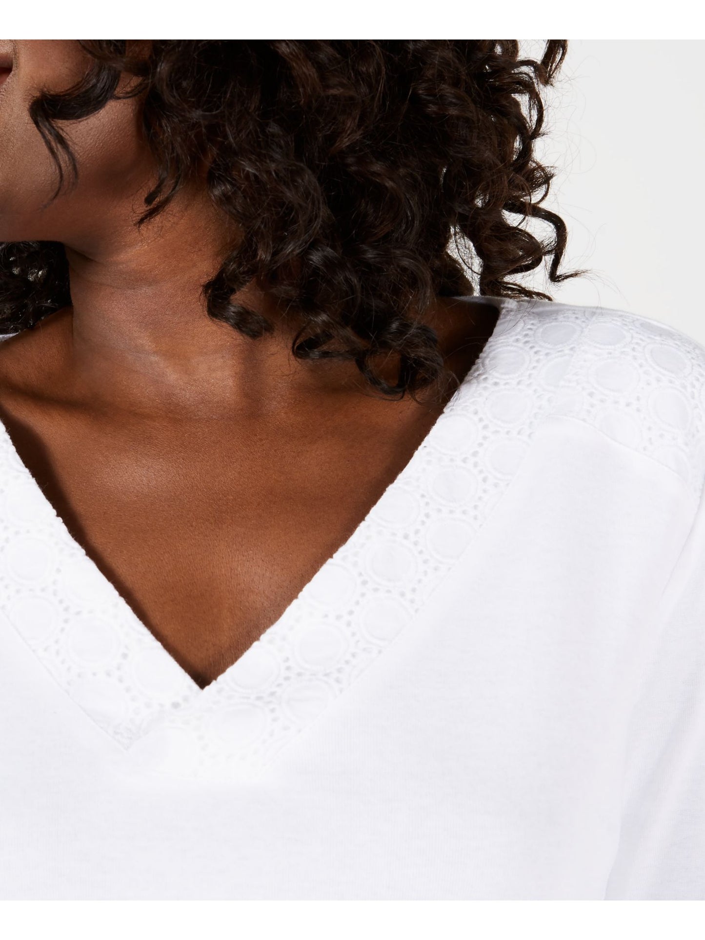 Karen Scott Women's Eyelet V Neck Cotton Top White Size Petite S/M