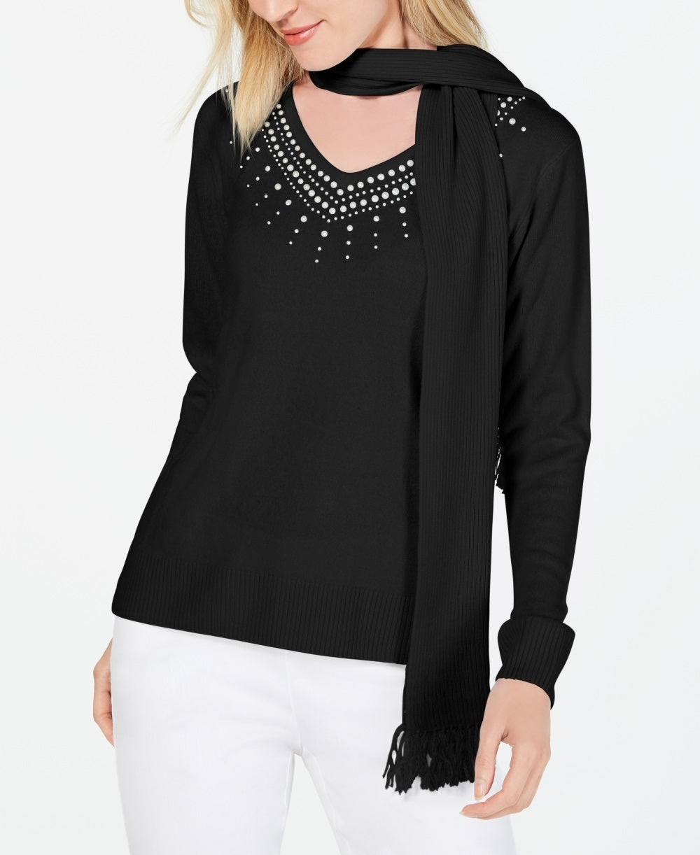 Karen Scott Women's Embellished Scarf Sweater Black Size X-Small