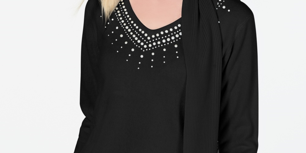 Karen Scott Women's Embellished Scarf Sweater Black Size X-Small
