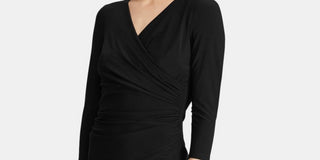 Ralph Lauren Women's Black Gathered Dolman Sleeve V Neck Knee Length Sheath Evening Dress Black Size 6