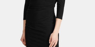 Ralph Lauren Women's Black Gathered Dolman Sleeve V Neck Knee Length Sheath Evening Dress Black Size 6