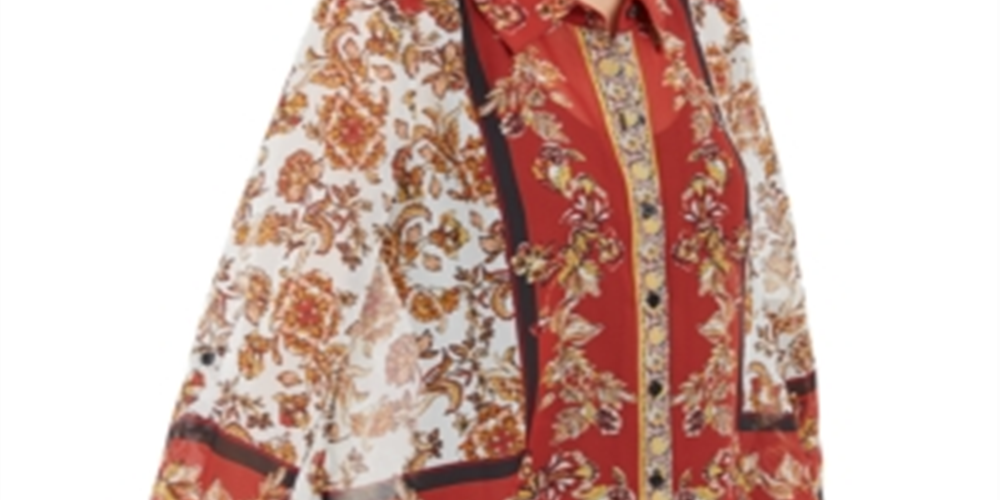 INC International Concepts Women's Scarf Print Blouse Orange Size Petite S/M