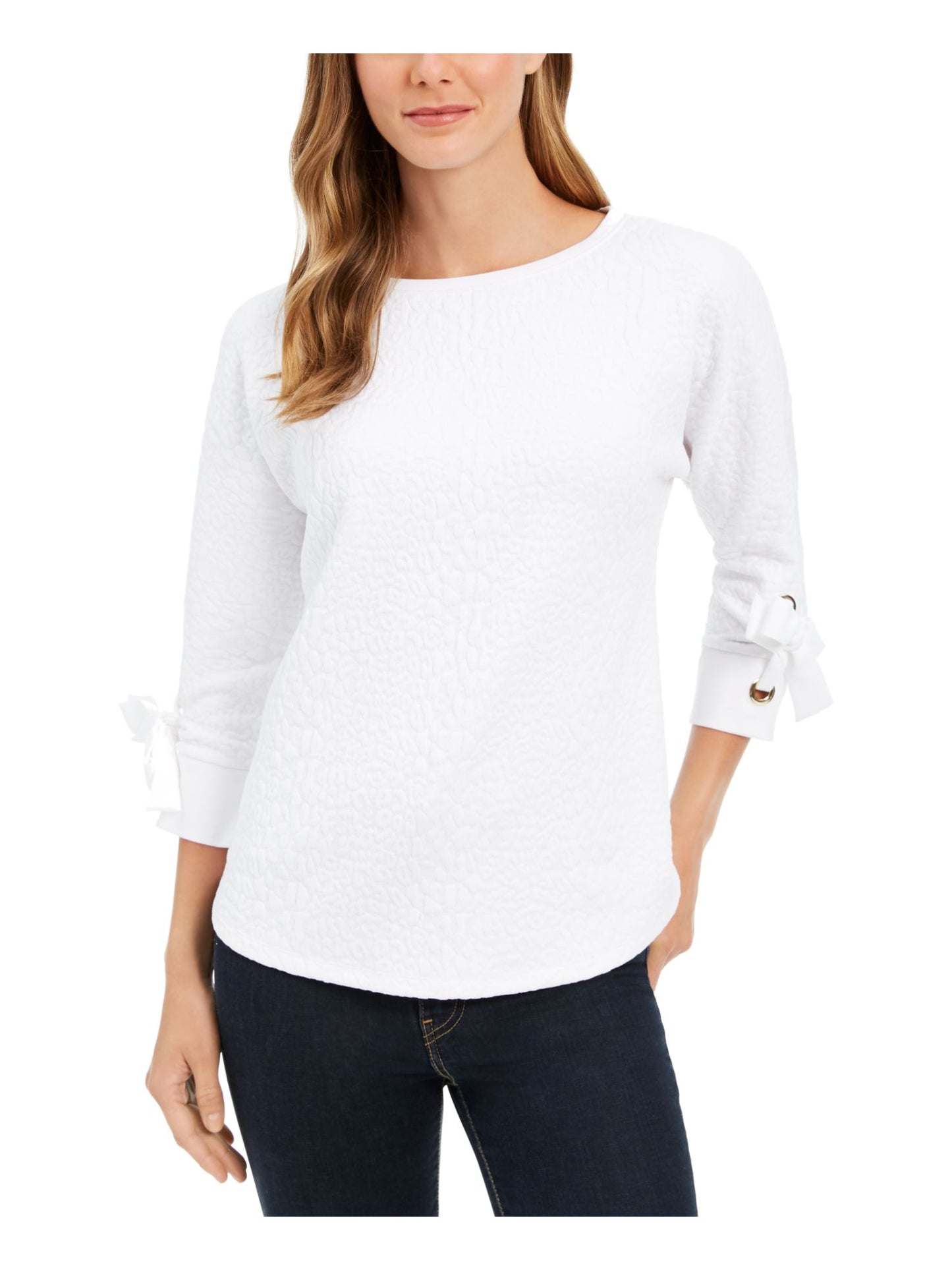 Charter Club Women's 69 New Patterned Crew Neck Cuffed Top White Size Petite Large