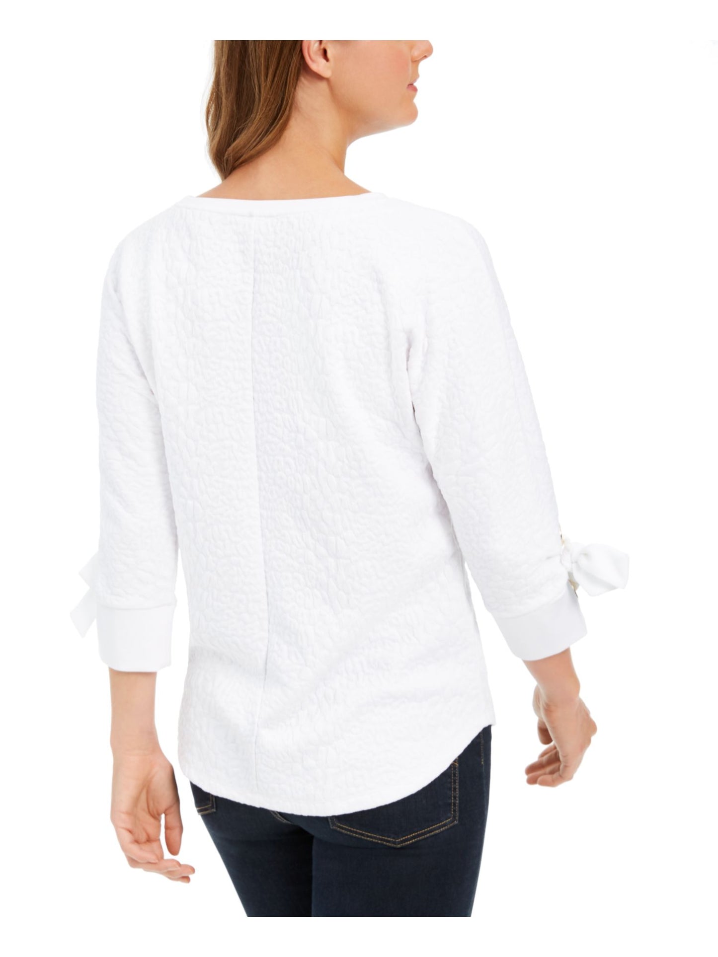Charter Club Women's 69 New Patterned Crew Neck Cuffed Top White Size Petite Large