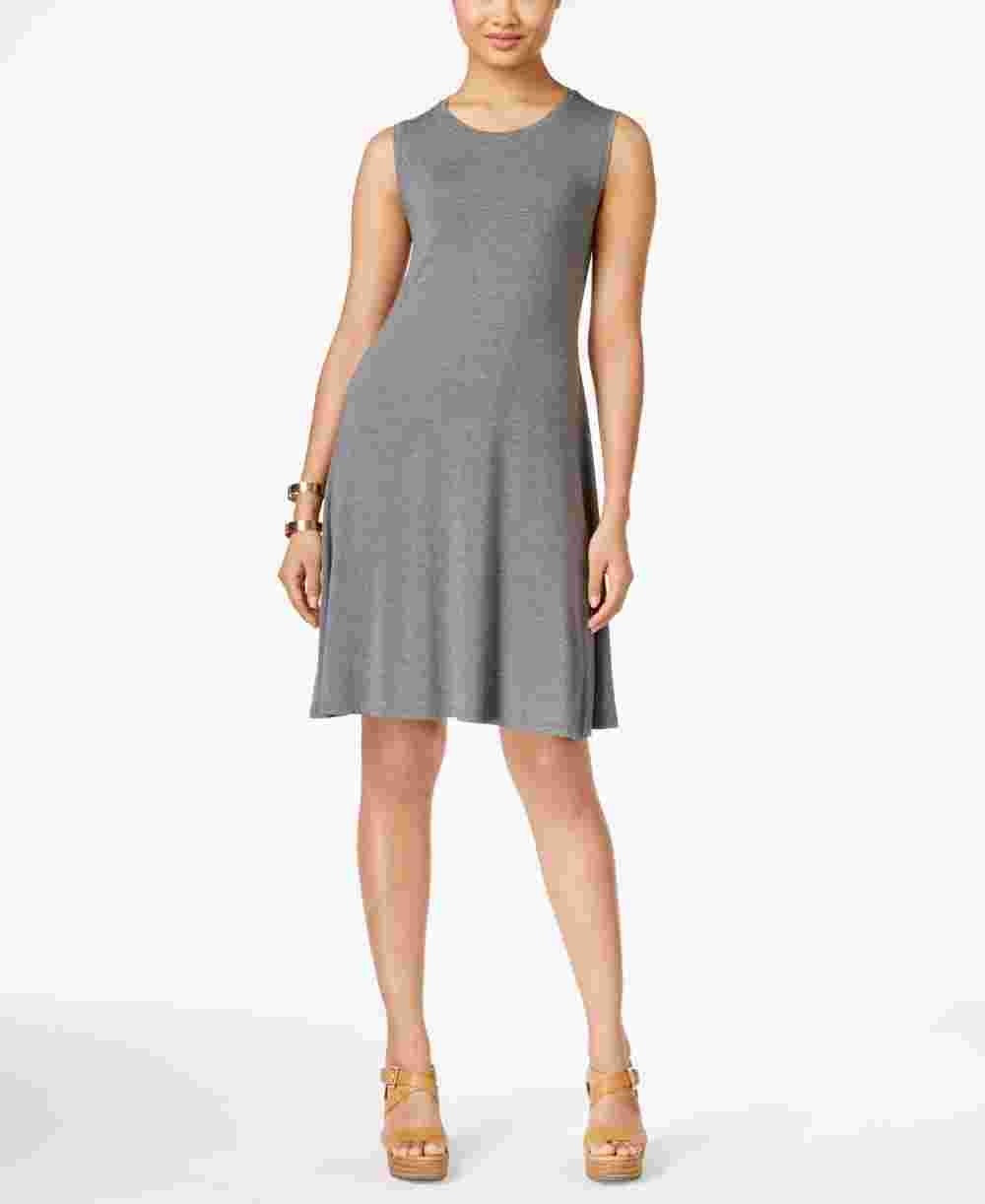 Style & Company Women's Gray Heather Sleeveless Jewel Neck Above The Knee Fit + Flare Dress Gray Size Petite Small
