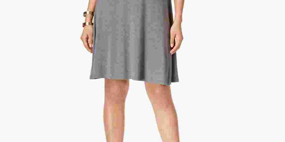 Style & Company Women's Gray Heather Sleeveless Jewel Neck Above The Knee Fit + Flare Dress Gray Size Petite Small