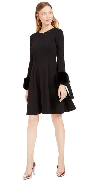 Calvin Klein Women's Faux-Fur-Cuff Fit & Flare Dress Black Size 6