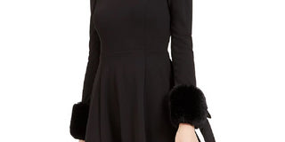 Calvin Klein Women's Faux-Fur-Cuff Fit & Flare Dress Black Size 6
